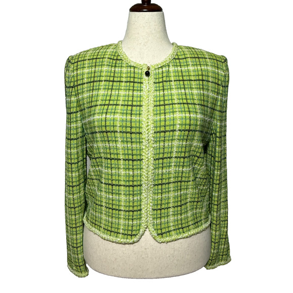 St. John Jacket Womens 16 Green Crop Tweed Fringe Trim Wool Blend Full Zip NWT - Picture 1 of 11